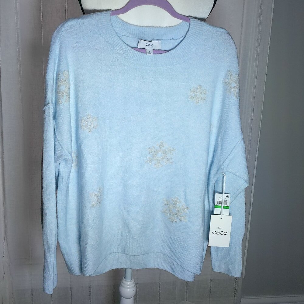 CE CE NWT Lg Sleve Scoop Neck Baby Blue w/White Shimmery Snowflakes on Sweater L